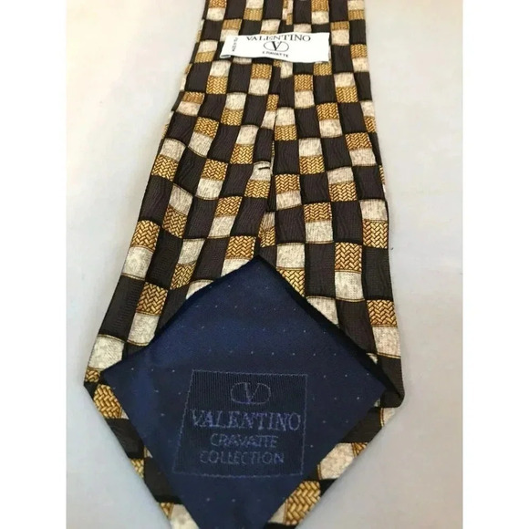 Valentino Cravatte Brown Gold Checker Weave Check 100% Silk Classic Neck Tie - Picture 4 of 5